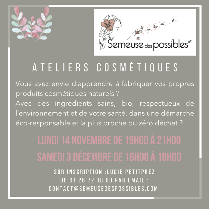 Ateliers cosmétiques 14 novembre et 3 décembre chez Dhombres & de Lumières