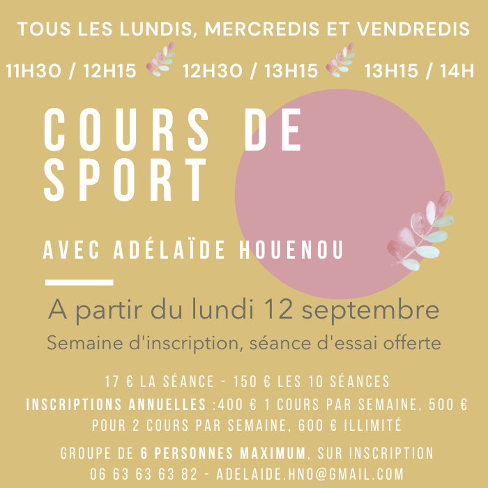 Cours de sport avec Adelaïde Houenou chez Ateliers Méditation, les jeudis de 19h à 20h30, chez Dhombres et de Lumières