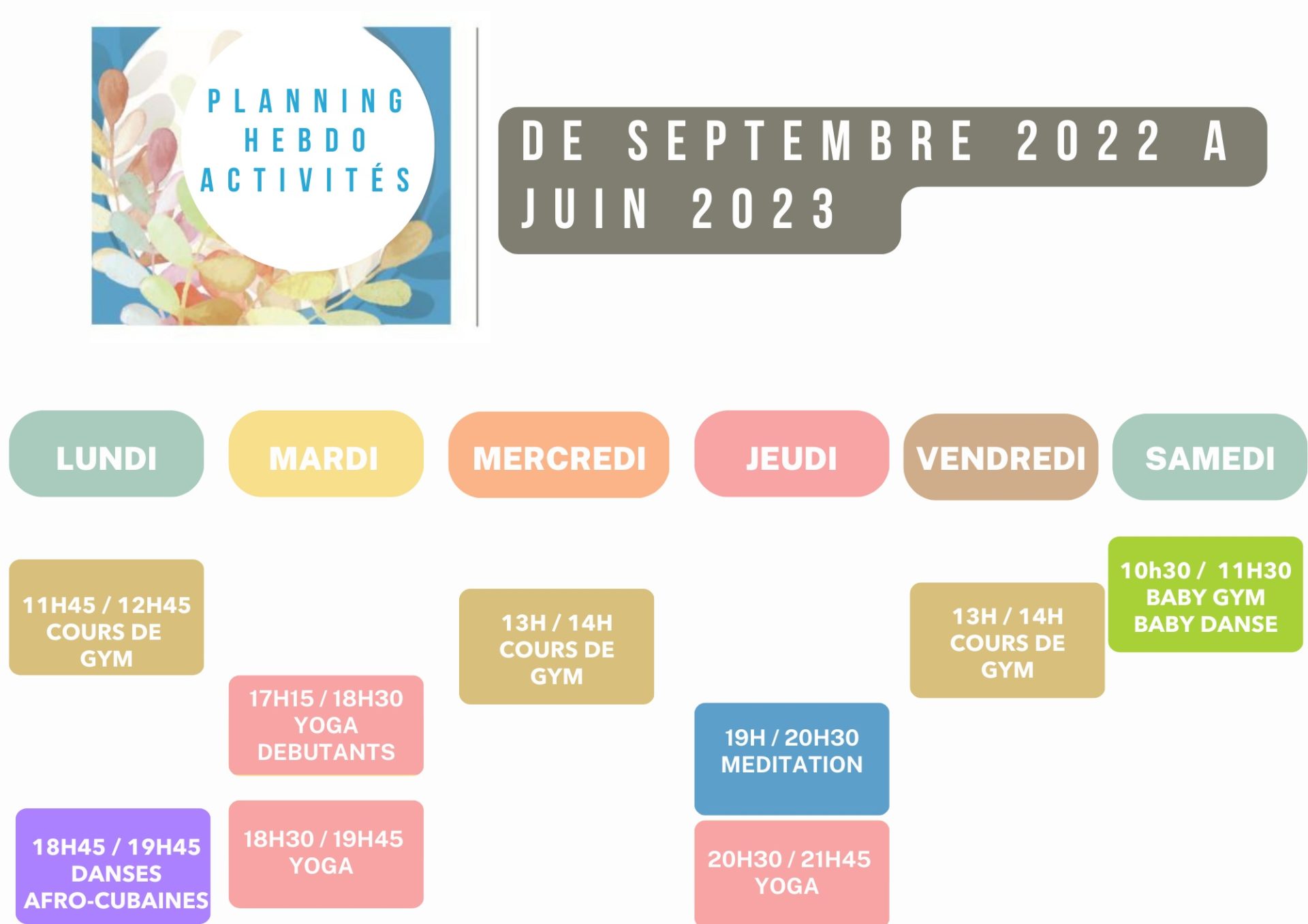 Planning hebdomadaire de Dhombres et de Lumières de septembre 2022 à juin 2023